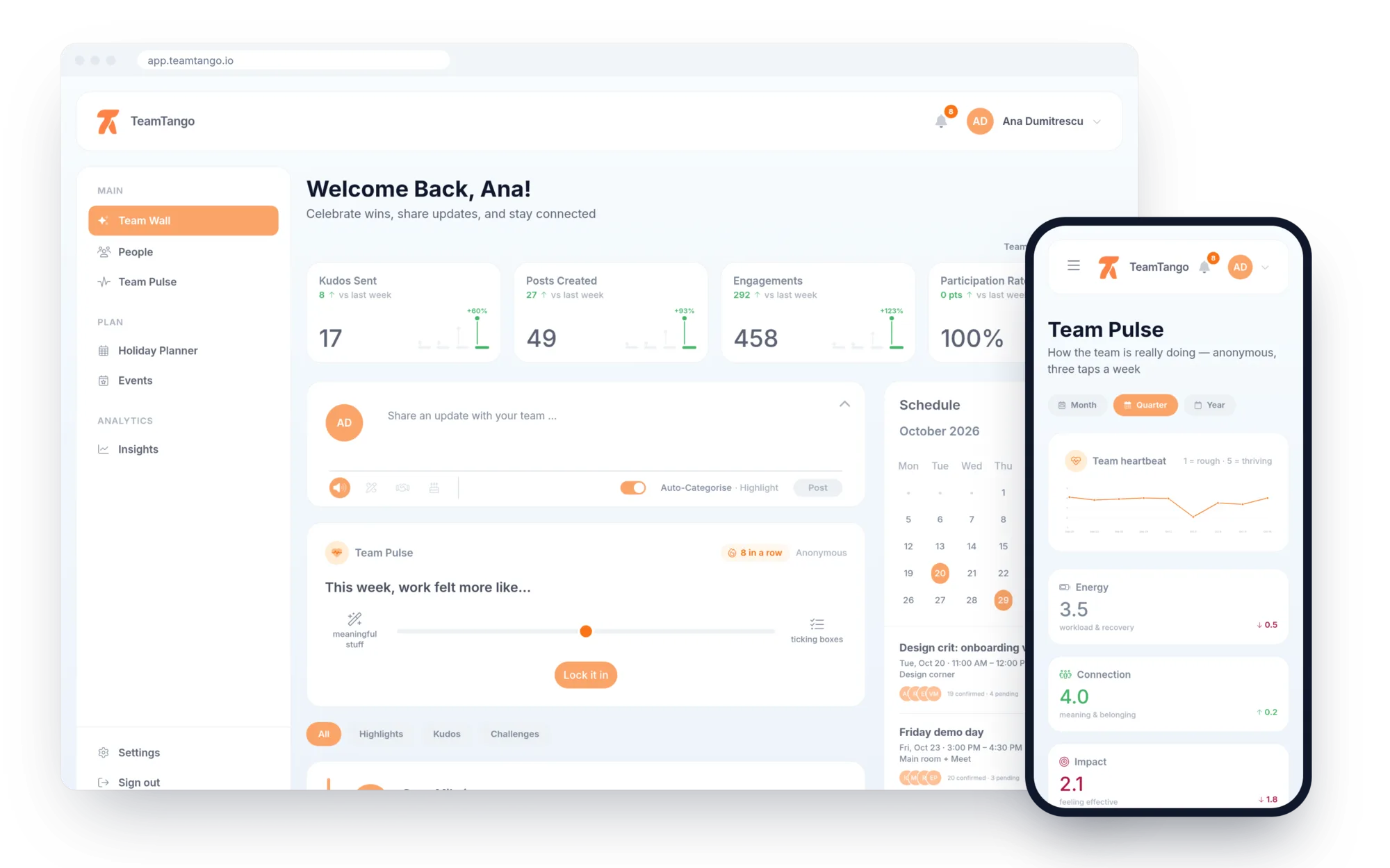 The TeamTango app: the team wall with kudos, posts and engagement stats on desktop, and the weekly Team Pulse question on a phone