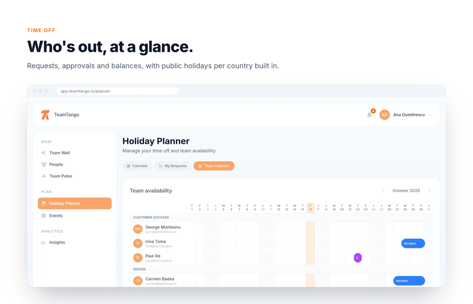 Time off: the team availability calendar showing who is on vacation, sick or personal leave, grouped by department